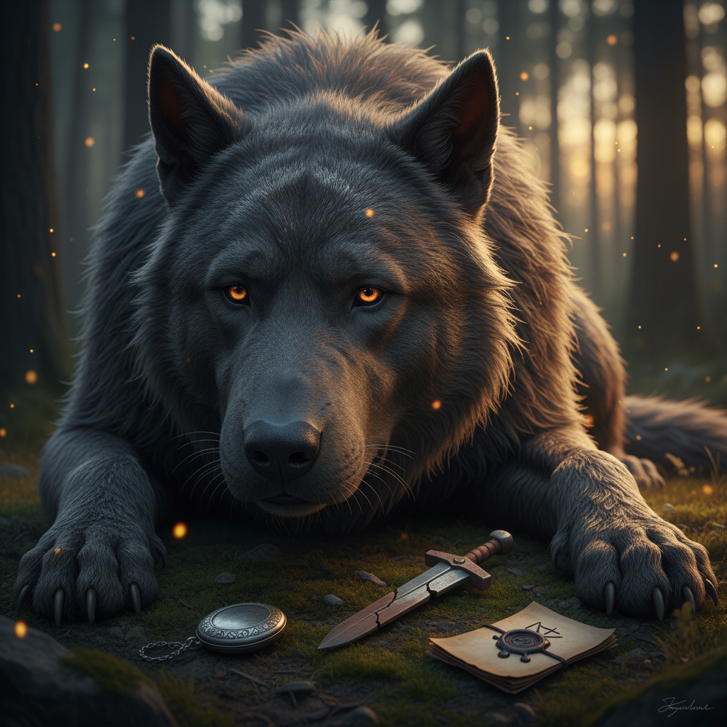 A close, intimate photographic scene of an iron-furred Hellhound resting at the edge of a quiet forest clearing at dusk, his massive head tilted slightly toward a small, carefully arranged collection of objects: a tarnished silver locket, a cracked wooden toy sword, and a folded scrap of parchment sealed with dark wax. The Hellhound’s eyes glow softly, reflecting the last remnants of amber sky through the trees. Fireflies drift in the dim air, their tiny lights echoing the embers in his fur. Soft, diffused twilight wraps the scene, with gentle backlighting outlining his powerful shoulders and ears. Shot at eye level with a shallow depth of field, the background trees blur into a velvety darkness, creating a contemplative, sophisticated mood that hints at a deep, wordless bond and a destiny shaped by memory.