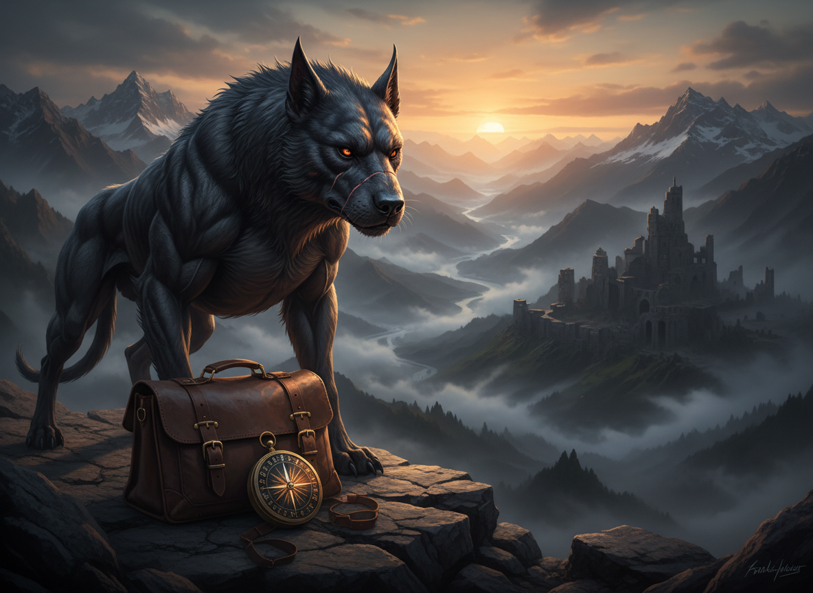A massive, powerfully built Hellhound with iron-dark fur that glints like metal in the firelight stands guard beside a worn leather travel satchel and a weathered, rune-etched compass resting on a stone outcrop. His eyes burn with an intelligent ember-glow, framed by faint scars along his muzzle, conveying loyalty and danger in equal measure. Behind him stretches a sweeping, mist-shrouded valley with jagged mountains and a distant, crumbling citadel. Shot in photographic realism at golden hour with dramatic side lighting, the scene captures long shadows, crisp detail in the Hellhound’s texture, and a shallow depth of field that keeps the foreground sharp while the distant landscape falls into a soft, mysterious haze. The mood is epic, sophisticated, and full of promise for an unforgettable fantasy journey.