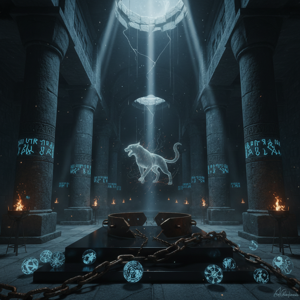 An expansive underground hall of colossal stone pillars carved with ancient runes stretches into darkness, illuminated by sparse braziers burning with cold blue flame. At the center, an ornate iron collar and chain lie broken on a raised obsidian dais, each link sculpted with tiny scenes of battles, portals, and twin constellations. A faint spectral impression of a Hellhound’s massive form seems to hover above the collar, its outline formed from drifting ash and sparks. Overhead, fractures in the ceiling reveal thin shafts of pale light that cut through suspended dust, adding dimension to the space. Captured in photographic realism with a wide-angle lens and deep focus, the composition emphasizes grand scale and forgotten history. The mood is solemn and mysterious, suggesting ancient oaths, lost powers, and the origin of a legendary bond.