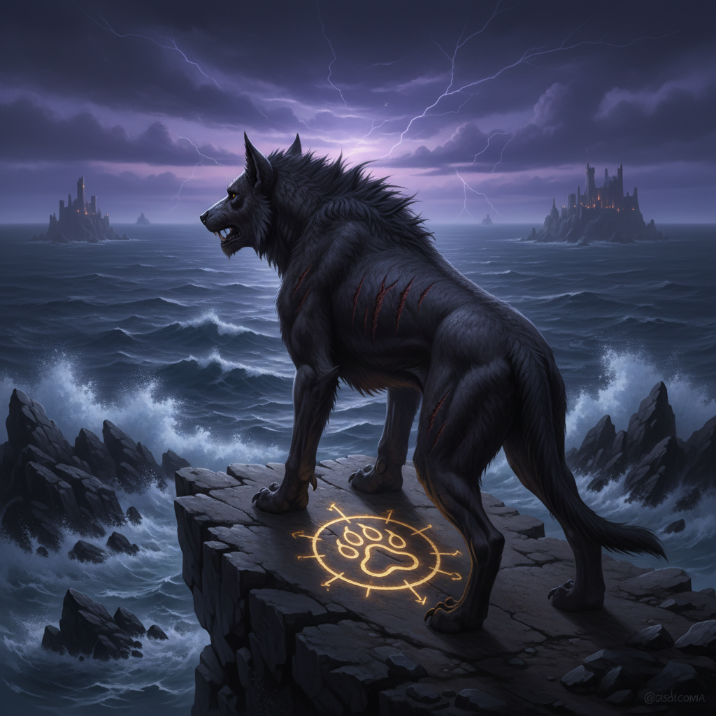 On a windswept cliff at twilight, a massive, battle-scarred Hellhound of iron-dark fur stands at the very edge, body angled toward a vast, storm-lit ocean. Beside him, etched into the flat stone, is a carefully carved sigil: interlocking circles and a stylized paw mark, glowing faintly with molten gold light that pulses like a heartbeat. Far below, waves crash against obsidian rocks, sending up silver spray that catches the last streaks of purple and indigo sky. Lightning flickers on the horizon, briefly illuminating distant, floating islands crowned with fortress towers. Shot in photographic realism from a three-quarter rear angle, the camera frames the Hellhound’s powerful profile against the immensity of sea and sky, creating a sophisticated, epic atmosphere that speaks of sacrifice, destiny, and worlds on the brink of change.